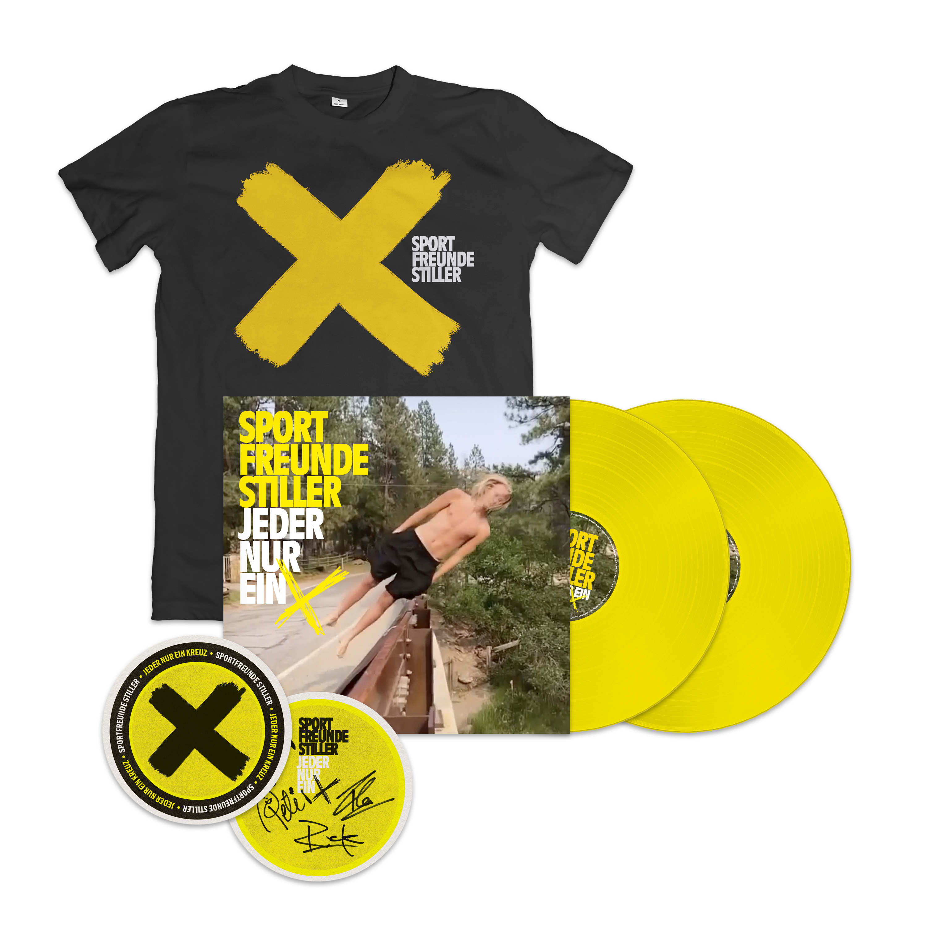 Sportfreunde Stiller JEDER NUR EIN X Ltd. 2LP farbig + T-Shirt + signierter Bierdeckel 149060